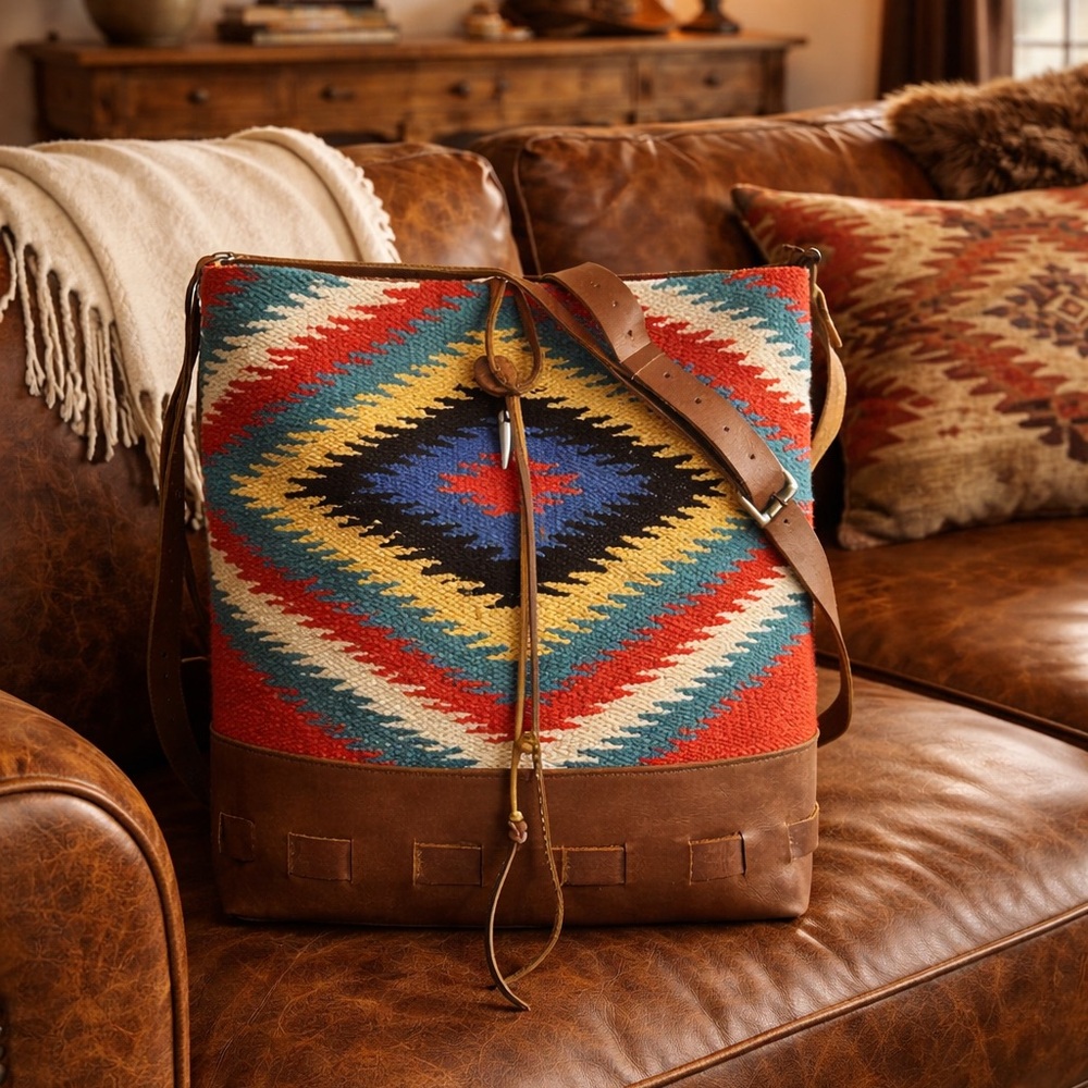 New Southwestern Patterned Tote Bag with Leather